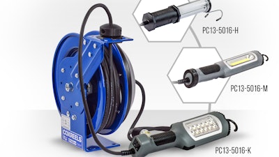 The new line of three industrial duty LED lights now available on the PC13 (Power Cord) cord reels from Coxreels.
