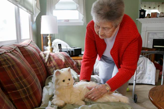 Mary Derr holds her robot cat she calls 'Buddy' as she talks to it in her home. Derr has mild dementia, and her daughter purchased a 'Joy for All' robotic cat earlier this year to keep her mother company.