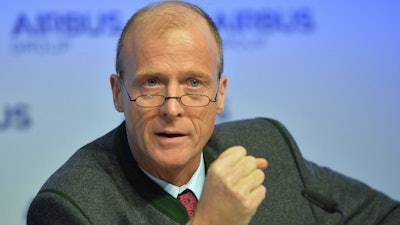 In this Feb. 27, 2015 file photo, Airbus Group CEO Tom Enders speaks to journalists during the Airbus Group press conference on the 2014 annual results in Munich, southern Germany. European airplane maker Airbus said Friday, Dec. 15, 2017 chief executive Tom Enders will step down in April 2019.
