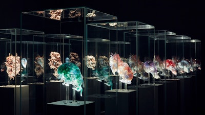 Installation view of Neri Oxman Vespers, Series 1 - 3, masks 1 - 5 2016 on display in NGV Triennial at NGV International, 2017.