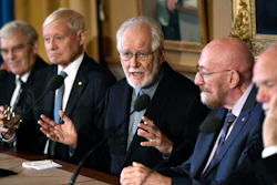 From left, Richard Henderson, Nobel Laureate in Chemistry, Joachim Frank, Nobel Laureate in Chemistry, Jacques Dubochet, Nobel Laureate in Chemistry, Kip Thorne, Nobel Laureate in Physics and Barry Barish, Nobel Laureate in Physics speak during a press conference at the Royal Academy of Science in Stockholm, Thursday Dec. 7, 2017.