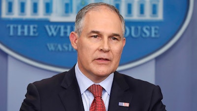 In this June 2, 2017 file photo, Environmental Protection Agency administrator Scott Pruitt speaks in the Brady Press Briefing Room of the White House in Washington. Pruitt defended his frequent taxpayer-funded travel and his purchase of a custom sound-proof communications booth for his office, saying both were justified. Pruitt made his first appearance before a House oversight subcommittee responsible for environmental issues since his confirmation to lead EPA in February.