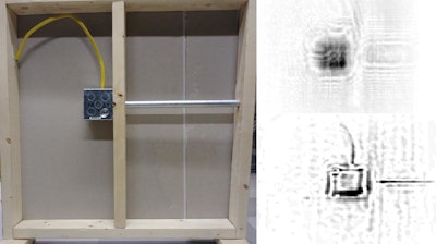 A view of a microwave scan of a typical wall interior before and after distortions have been removed. By taking into account the types of distortions typically created by flat, uniform walls, the new algorithm allows for better scans without needing to know what the wall is made of beforehand.