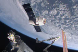 In this April 17, 2015, file image from NASA-TV, the SpaceX Dragon 6 resupply capsule nears the International Space Station. The capsule will be making a return trip to the space station when it is launched on a recycled rocket for NASA on Tuesday, Dec. 12, 2017.