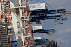 This Oct. 24, 2016, photo, shows a line of cranes at the Port of Baltimore in Baltimore. On Tuesday, Dec. 5, 2017, the Commerce Department reports on the U.S. trade gap for October.