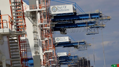 This Oct. 24, 2016, photo, shows a line of cranes at the Port of Baltimore in Baltimore. On Tuesday, Dec. 5, 2017, the Commerce Department reports on the U.S. trade gap for October.