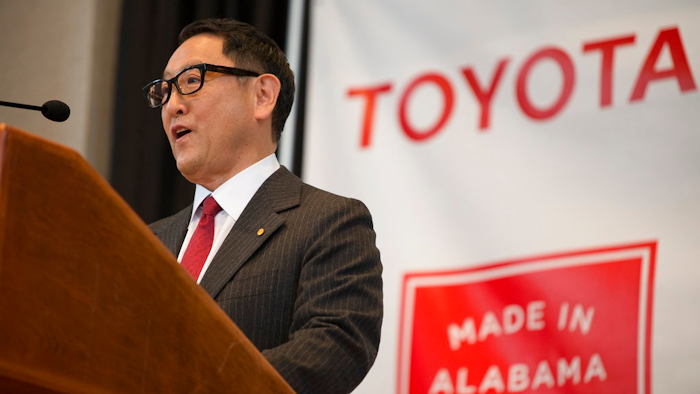 Akio Toyoda, Toyota Motor Corp. president, speaks during a press conference, Wednesday, Jan. 10, 2018, in Montgomery, Ala., where the Japanese automakers Toyota and Mazda announced plans to build a huge $1.6 billion joint-venture plant in Huntsville, that will eventually employ about 4,000 people. Several states had competed for the coveted project, which will be able to turn out 300,000 vehicles per year and will produce the Toyota Corolla compact car for North America and a new small SUV from Mazda.