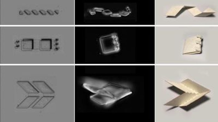 Graphene-glass bimorphs can be used to fabricate numerous micron-scale 3-D structures, including (top to bottom) tetrahedron, helices of controllable pitch, high-angle folds and clasps, basic origami motifs with bidirectional folding, and boxes.