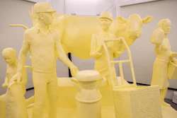 This Wednesday, Jan. 3, 2018, photo provided by the Pennsylvania Department of Agriculture shows a sculpture carved from a half-ton of butter in preparation for the 102nd Pennsylvania Farm Show, scheduled from Saturday, Jan. 6, through Saturday, Jan. 13, at the Pennsylvania Farm Show Complex and Expo Center in Harrisburg, Pa. The sculpture unveiled Thursday, Jan. 4, 2018, sponsored by the American Dairy Association North East (ADANE), reflects the show's theme this year, 'Strength in our Diversity,' by depicting a dairy cow; a dairy farmer, second from left; an agronomist who helps produce corn to feed dairy cows, left; a milk processor, second from right; and a consumer, right, carrying agriculture products from Pennsylvania.