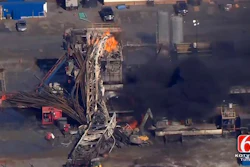 In this photo provided from a frame grab from Tulsa's KOTV/NewsOn6.com, fires burn at an eastern Oklahoma drilling rig near Quinton, Okla., Monday Jan. 22, 2018. Five people are missing after a fiery explosion ripped through a drilling rig, sending plumes of black smoke into the air and leaving a derrick crumpled on the ground, emergency officials said.