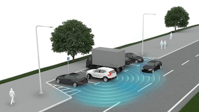 This graphic provided by Volvo shows how a rear cross-traffic system spots oncoming vehicles. New cars can come laden with safety technology, some that warns you and some that also takes action to protect you.