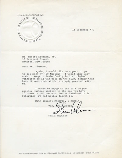 Letter from Steve McQueen to Robert Kiernan.