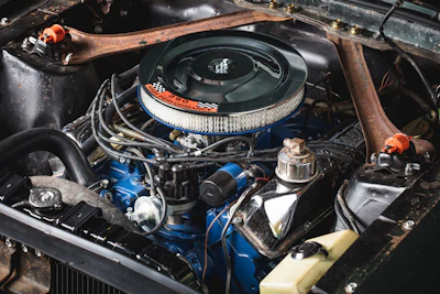 The engine bay in the original 1968 Mustang Bullitt.