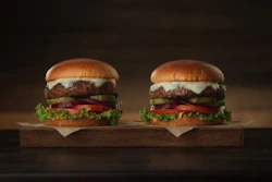 The Beyond Meat Burger, shown here with the Really Good Cheeseburger. Both are now available at more than 450 TGI Fridays locations nationwide.