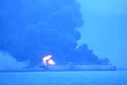 In this photo provided by Korea Coast Guard, the Panama-registered tanker 'Sanchi' is seen ablaze after a collision with a Hong Kong-registered freighter off China's eastern coast Sunday, Jan. 7, 2018. The oil tanker collided with a bulk freighter and caught fire off China's eastern coast, leaving its entire crew of 32 missing, most of them Iranians, authorities said.