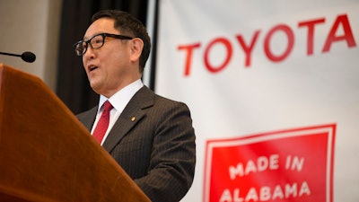 Akio Toyoda, Toyota Motor Corp. president, speaks during a press conference, Wednesday, Jan. 10, 2018, in Montgomery, Ala., where the Japanese automakers Toyota and Mazda announced plans to build a huge $1.6 billion joint-venture plant in Huntsville, that will eventually employ about 4,000 people. Several states had competed for the coveted project, which will be able to turn out 300,000 vehicles per year and will produce the Toyota Corolla compact car for North America and a new small SUV from Mazda.