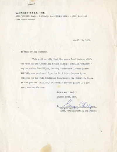 Warner Brothers 1970 Certification of original Mustang movie car starring in movie Bullitt.