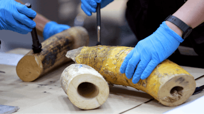 Forensic officers inspect ivory seized at the customs office after a press conference in Bangkok, Thailand, Friday, Jan. 12, 2018. Thai authorities have seized 148 kilograms (326 pounds) of African elephant ivory, including three large tusks, worth around 15 million baht ($469,800) from a Bangkok airport.