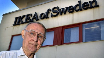 In this Aug. 6, 2002 file photo, Ingvar Kamprad, founder of Swedish multinational furniture retailer IKEA, stands outside the company's head office in Almhult, Sweden. IKEA confirmed Sunday Ingvar Kamprad, the IKEA founder who created a global furniture empire, has died at 91.