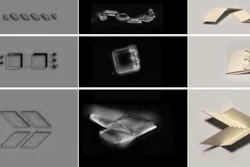 Graphene-glass bimorphs can be used to fabricate numerous micron-scale 3-D structures, including (top to bottom) tetrahedron, helices of controllable pitch, high-angle folds and clasps, basic origami motifs with bidirectional folding, and boxes.