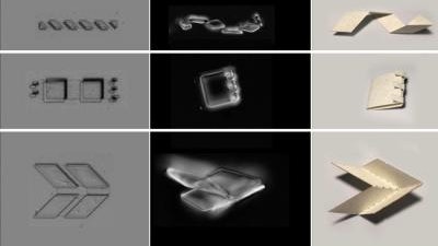 Graphene-glass bimorphs can be used to fabricate numerous micron-scale 3-D structures, including (top to bottom) tetrahedron, helices of controllable pitch, high-angle folds and clasps, basic origami motifs with bidirectional folding, and boxes.