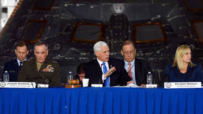 Vice President Mike Pence chairs a meeting of the National Space Council Wednesday, Feb. 21, 2018 at Kennedy Space Center in Cape Canaveral, Fla.