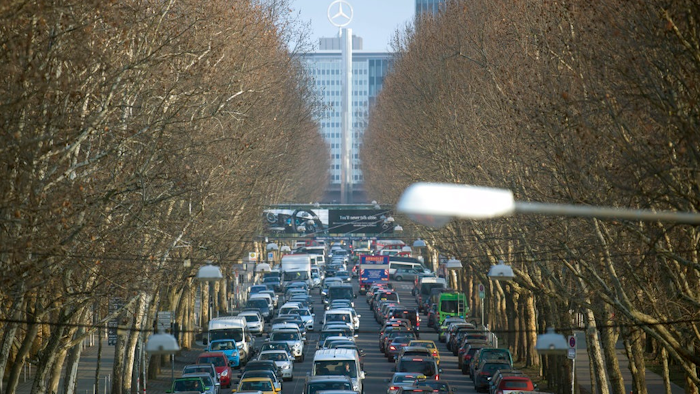 In this Feb. 21, 2018 file photo cars jam in Stuttgart, southern Germany. A German court decided Tuesday, Feb. 27, 2018 it would allow a ban on diesel cars in cities to lower air pollution, if enacted.