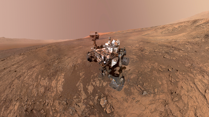 This composite image made from a series of Jan. 23, 2018 photos shows a self-portrait of NASA's Curiosity Mars rover on Vera Rubin Ridge. The rover's arm which held the camera was positioned out of each of the dozens of shots which make up the mosaic.