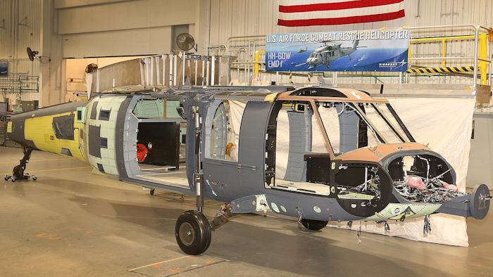 The first Sikorsky HH-60W Combat Rescue Helicopter as it enters final assembly at Stratford, Connecticut. The timing of final assembly supports the program’s accelerated schedule and positions the aircraft’s first flight for the end of this year, two months ahead of schedule.
