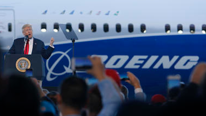 In this Feb. 17, 2017, file photo, President Donald Trump to speaks to Boeing employees in the final assembly building at Boeing South Carolina in North Charleston, S.C.