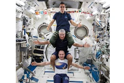 This image provided by NASA on Feb. 25, 2018, shows from bottom to top: Russia’s Alexander Misurkin, NASA’s Mark Vande Hei, middle, and NASA’s Joe Acaba posing for a photograph at the International Space Station. The three astronauts are headed back to Earth on Tuesday, Feb. 27, following a nearly six-month mission at the International Space Station. Misurkin, Vande Hei and Acaba moved into the orbiting lab in September. They are targeting a Kazakhstan touchdown for their Russian capsule.