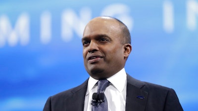In this Jan. 9, 2017, file photo, Ford Executive Vice President Raj Nair addresses the North American International Auto show in Detroit. Ford has ousted Nair, one of its top executives, over allegations of unspecified inappropriate behavior. The company said in a statement that Nair, the North America President, is leaving the company immediately.