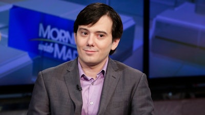 In this Aug. 15, 2017 file photo, Martin Shkreli is interviewed by Maria Bartiromo during her 'Mornings with Maria Bartiromo' program on the Fox Business Network, in New York. 'Pharma Bro' Martin Shkreli is due back in court for a hearing about whether he should forfeit millions of dollars in assets including a one-of-a-kind Wu-Tang Clan album as part of his conviction in a securities fraud scheme. The hearing is scheduled for Friday, Feb. 23, 2018, in federal court in Brooklyn.