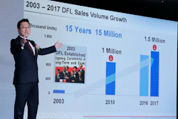 Dongfeng President Jun Seki gestures while speaking during its 2018-2022 midterm plan press conference in Beijing. Nissan will start sales of its all-electric Leaf in China this year and develop 20 electric models with its Chinese partner over the next five years, the companies said Monday.