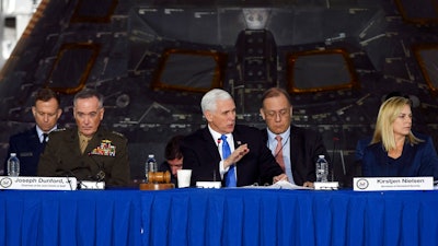Vice President Mike Pence chairs a meeting of the National Space Council Wednesday, Feb. 21, 2018 at Kennedy Space Center in Cape Canaveral, Fla.