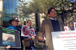 Scott Eustis, a community science director for the Gulf Restoration Network, speaks before a hearing in federal court in New Orleans, LA., Thursday, Feb. 8, 2018. A consortium of environmental groups sued the U.S. Army Corps of Engineers to halt construction of a pipeline through a river swamp in South Louisiana. The Bayou Bridge pipeline is designed to be the final segment of a pipeline network connecting the Bakken oil fields in North Dakota with Louisiana refineries and export terminals.