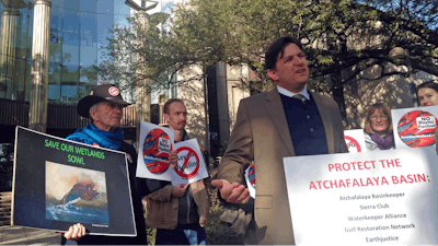 Scott Eustis, a community science director for the Gulf Restoration Network, speaks before a hearing in federal court in New Orleans, LA., Thursday, Feb. 8, 2018. A consortium of environmental groups sued the U.S. Army Corps of Engineers to halt construction of a pipeline through a river swamp in South Louisiana. The Bayou Bridge pipeline is designed to be the final segment of a pipeline network connecting the Bakken oil fields in North Dakota with Louisiana refineries and export terminals.