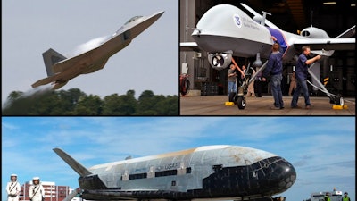This combination of photos shows an Air Force F-22 Raptor stealth fighter jet, left, an MQ-9 Reaper/'Predator B' drone, right, and an X-37B unmanned spacecraft, bottom. Data supplied by the cybersecurity firm Secureworks shows Fancy Bear’s hacking targets included defense contractor employees at Lockheed Martin, General Atomics, and Boeing, involved in the development of these systems.