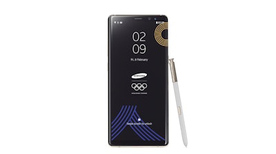 This image provided by Samsung shows a Galaxy Note 8 Olympic Games phone. Samsung Electronics donated the limited edition phones for athletes and officials at the International Olympic Committee so that they can document every moment and share their memories with the world.