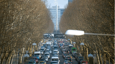 In this Feb. 21, 2018 file photo cars jam in Stuttgart, southern Germany. A German court decided Tuesday, Feb. 27, 2018 it would allow a ban on diesel cars in cities to lower air pollution, if enacted.