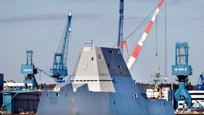 In this Dec. 4, 2017 file photo, the future USS Michael Monsoor leaves Bath Iron Works to head out to sea for trials in Bath, Maine. The ship is the second in the stealthy Zumwalt class of destroyers. A statement from Naval Sea Systems Command says the future USS Michael Monsoor successfully completed its acceptance trials Thursday, Feb. 1, 2018. The statement says onboard systems such as navigation, damage control, mechanical, combat, communication and propulsion met or exceeded specifications.