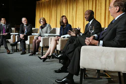 Larry Fink, right, shared a stage with several of the CEOs he urged to spend more time doing good.