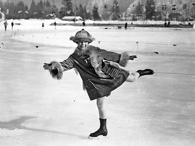 Norwegian figure skater Sonja Henie, age 11 in 1924, wore a fanciful coat and hat, with gloves.