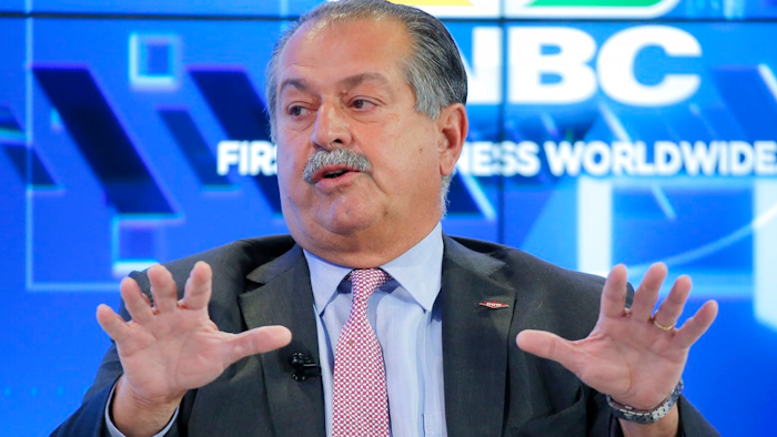 In this Jan. 17, 2017, file photo, CEO of The Dow Chemical Company Andrew N. Liveris gestures as he speaks during a panel 'Size matters: The Future of Big Business' at the 'World Economic Forum' in Davos, Switzerland. DowDuPont’s Liveris is leaving his executive chairman role at the company but will stay on as a director until his retirement in July 2018.