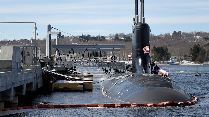 In this Thursday, March 15, 2018 photo, preparations are under way for the commissioning of the U.S. Navy Virginia-class attack submarine PCU (pre-commissioning unit) Colorado (SSN 788) at the naval submarine base in Groton, Conn. The submarine will be the USS Colorado and begins service Saturday, March 17, 2018, at the Naval Submarine Base in Groton.
