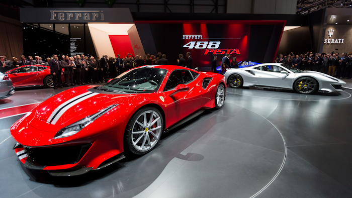 The new Ferrari 488 Pista is presented during the press day at the 88th Geneva International Motor Show in Geneva, Switzerland, Tuesday, March 6, 2018. The Motor Show will open its gates to the public from March 8 to 18.