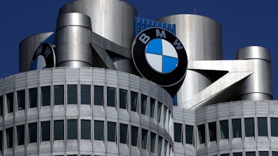 In this May 10, 2017 file photo the logo of German car manufacturer BMW visible at the headquarters in Munich, Germany.