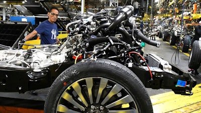 In this Oct. 27, 2017, photo, workers assemble Ford trucks at the Ford Kentucky Truck Plant in Louisville, Ky. On Thursday, March 1, 2018, The Institute for Supply Management, a trade group of purchasing managers, issues its index of manufacturing activity for February.