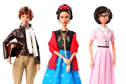 This product image released by Barbie shows dolls in the image of pilot Amelia Earhart, left, Mexican artist Frida Kahlo and mathematician Katherine Johnson, part of the Inspiring Women doll line series being launched ahead of International Women’s Day.