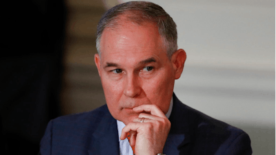 In this Feb. 12, 2018, file photo, Environmental Protection Agency Administrator Scott Pruitt attends a meeting with state and local officials in the State Dining Room of the White House in Washington. The Trump administration is rewriting Obama-era rules governing pollution from oil and gas operations and coal ash dumps, moves that opponents say will significantly weaken protections for human health and the environment. The EPA announced the changes Thursday, March 1, the latest in series of actions in the last year to roll back regulations opposed by the fossil-fuel industry.